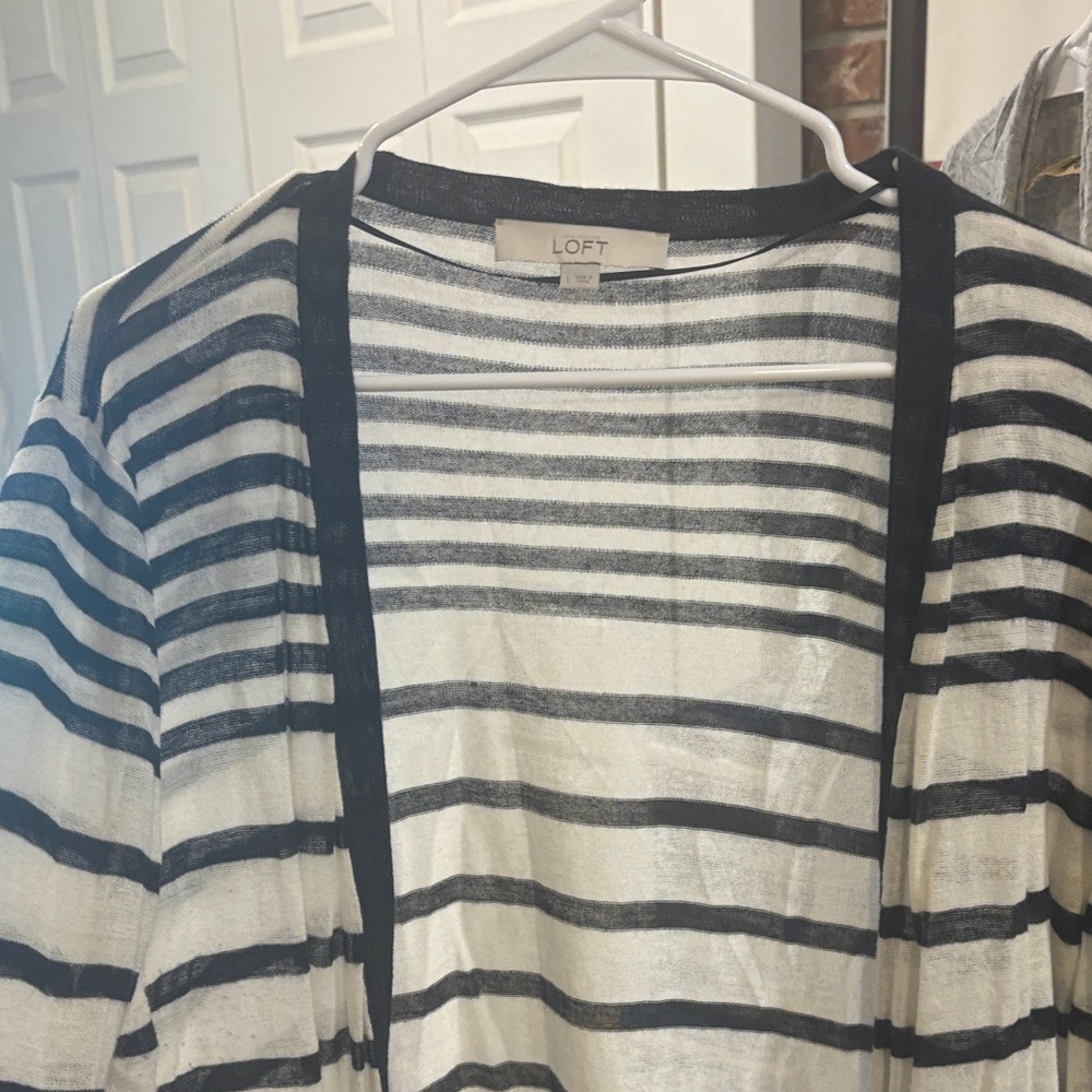LOFT Navy and Cream Striped Open Cardigan